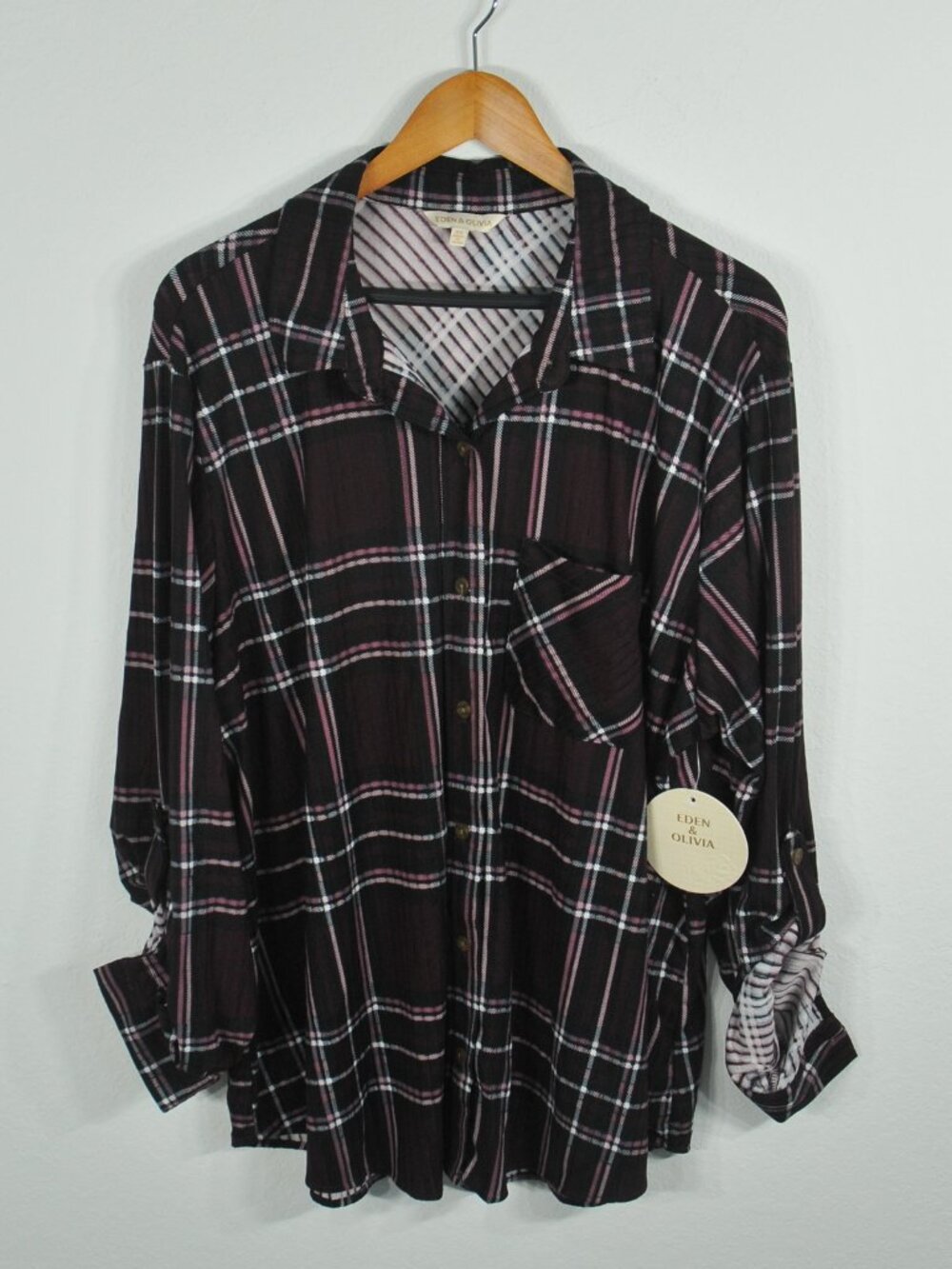 Eden & Olivia Woman's Flannel Shirt 3X Long Sleeve Plum Pink Black Plaid NWT